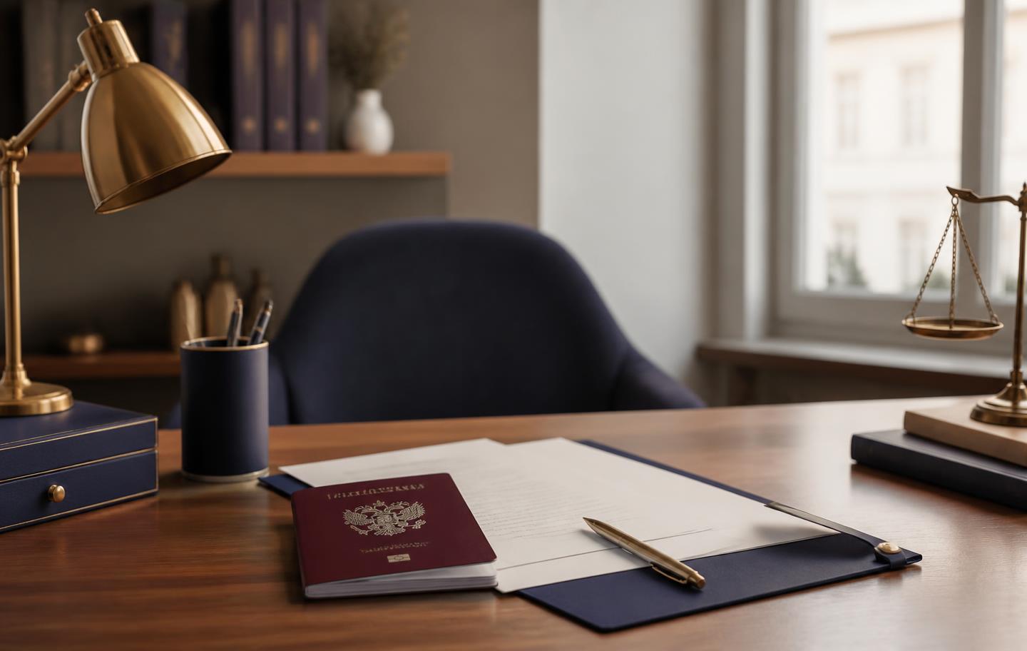 Escritório de solicitadoria com documentos e passaporte português